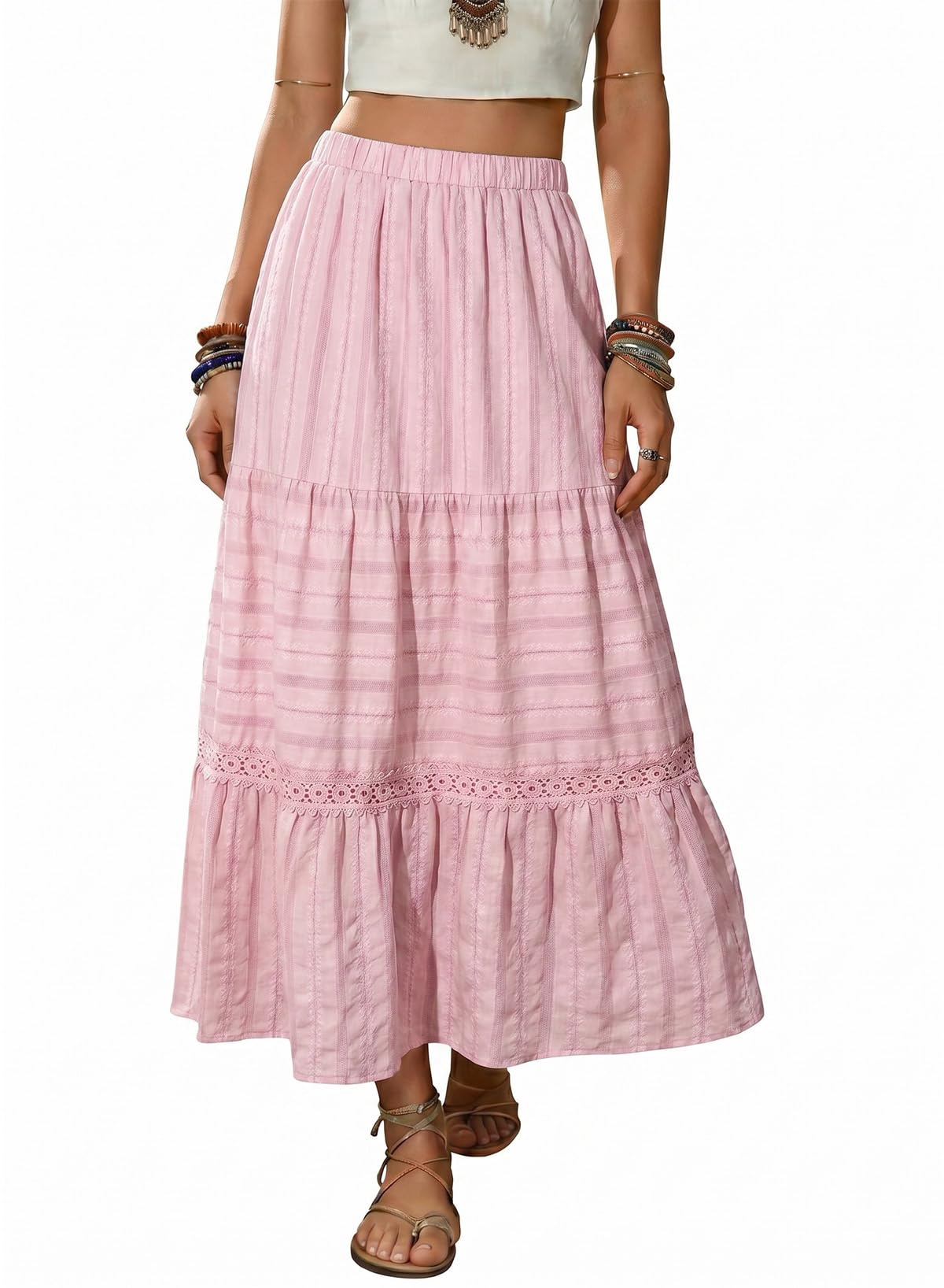 BLENCOT Women's Boho Tiered High Waisted Cotton Long Flowy Skirt