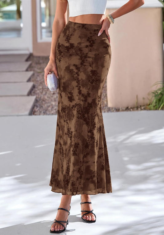 BTFBM Womens Floral Mesh Maxi Skirts