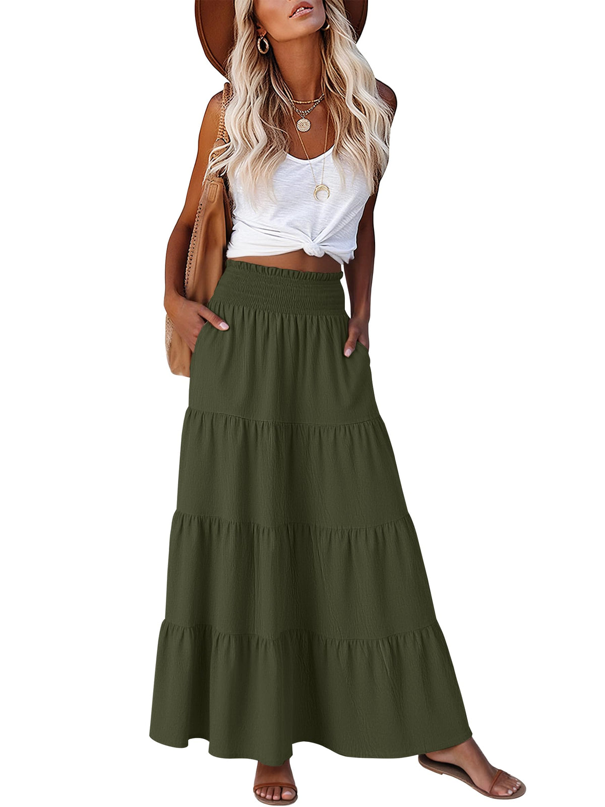 ANRABESS Womens Maxi Skirts, Elastic High Waist A-Line Tiered, Long Flowy Boho Skirts, Summer Casual Beach & Vacation Wear