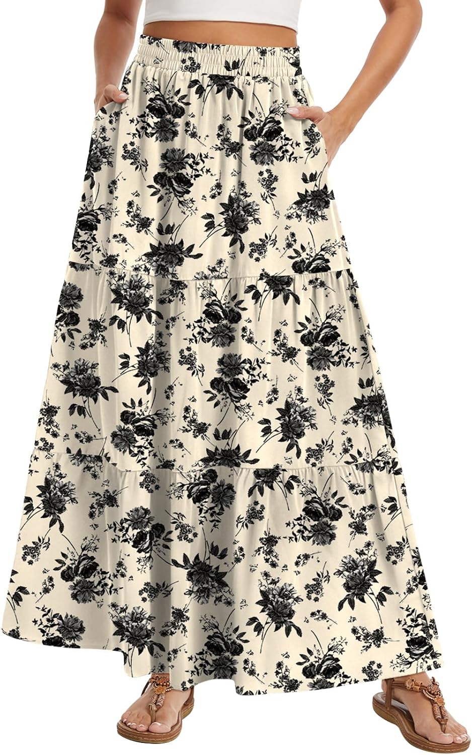 Women's Summer Boho Maxi Skirt Long Flowy Tiered A-Line High Waist Pleated Skirts with Pockets for Beach Vacation