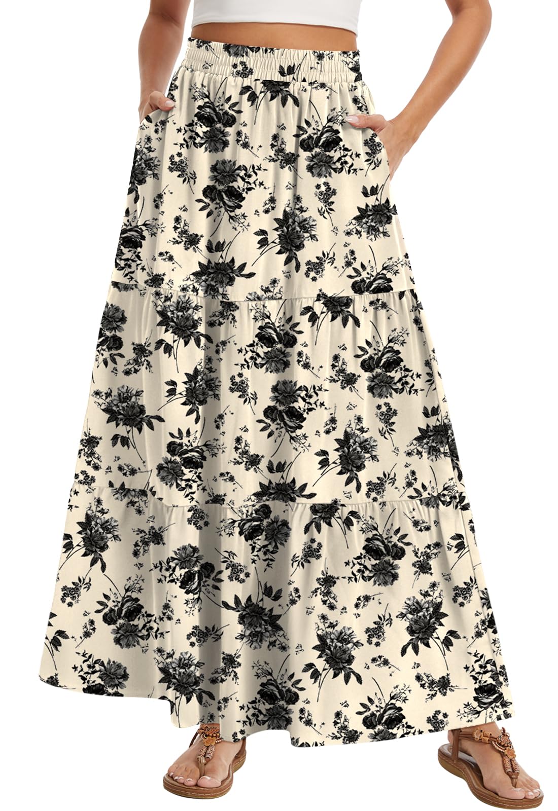 Women's Summer Boho Maxi Skirt Long Flowy Tiered A-Line High Waist Pleated Skirts with Pockets for Beach Vacation