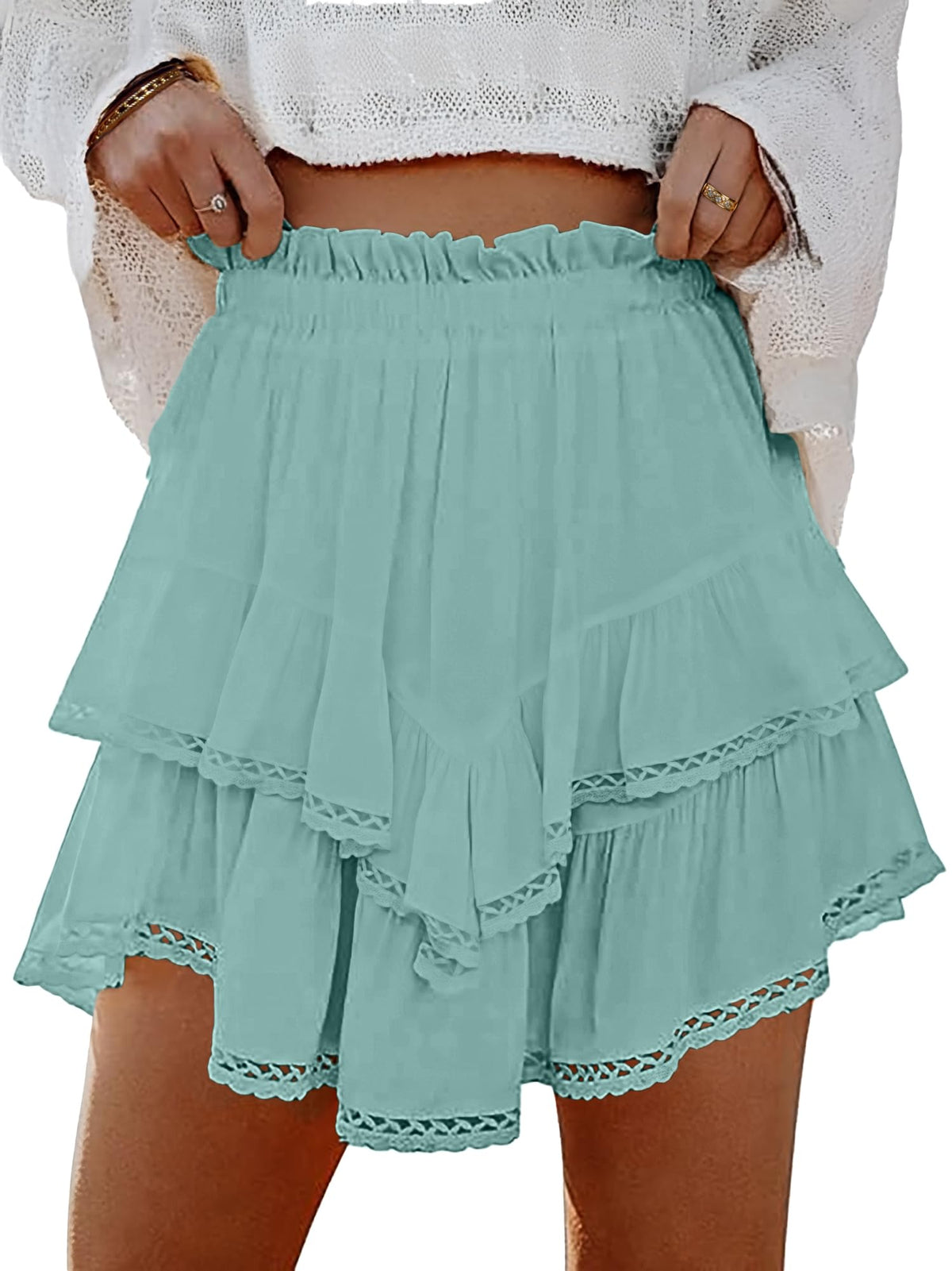 Lepunuo Boho Shorts for Women High Waisted Ruffle Tiered Flowy Skirts with Shorts Underneath Western Skorts