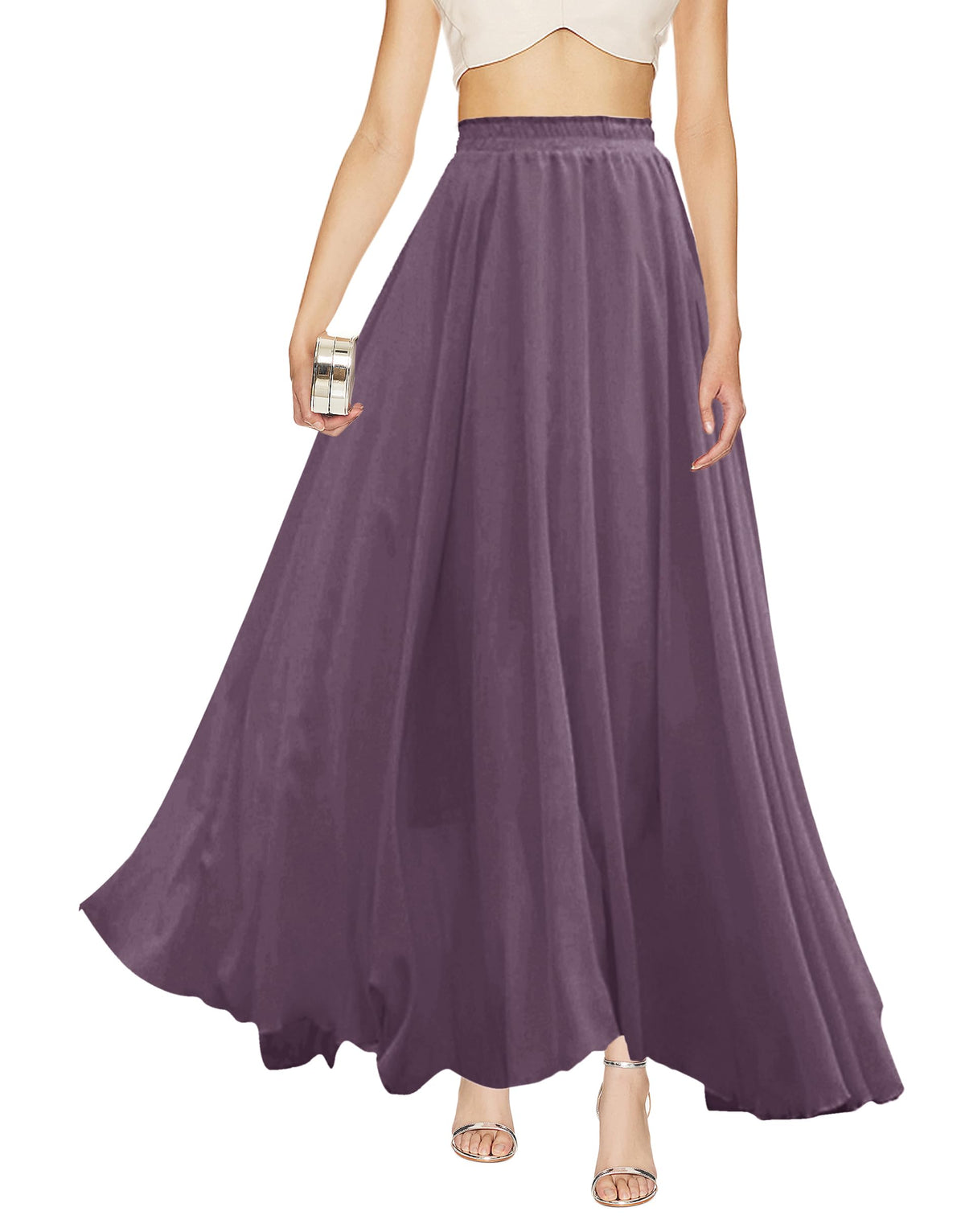 v28 Women Full/Ankle Length Elastic Pleated Retro Maxi Chiffon Long Skirt