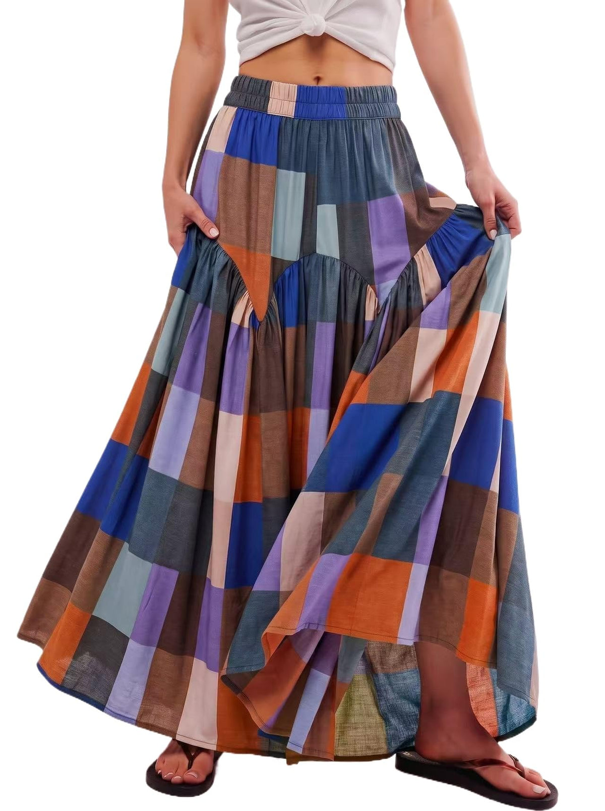TinyCribz Women's Boho Ruched Plaid High Waist Floor Length Maxi Skirt