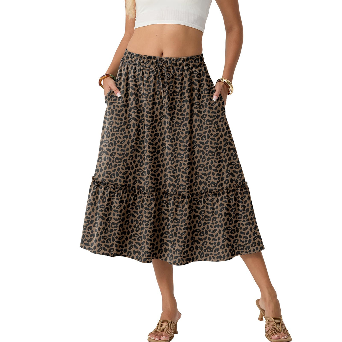 FREEOAK Skirts for Women High Waisted Tiered A Line Midi Skirt Knee Length Summer Skirts Drawstring with Pockets
