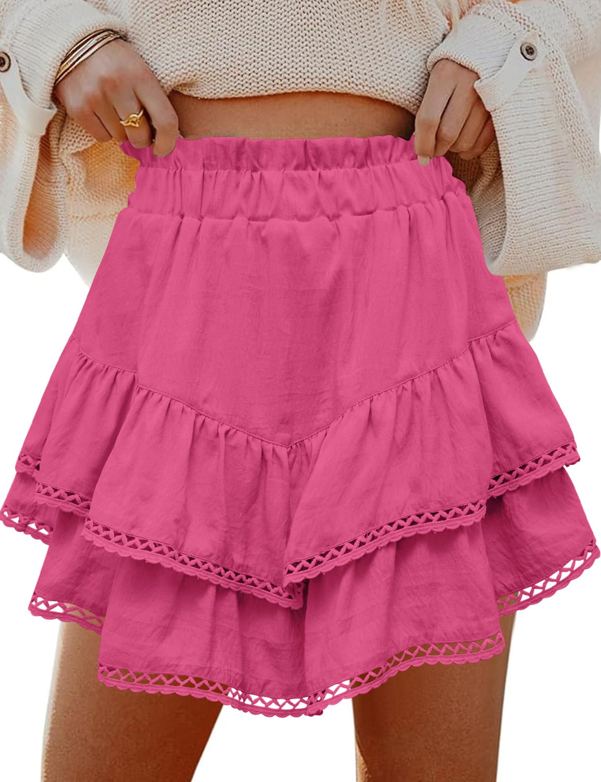 LOMON Flowy Skorts for Women Ruffle Tiered High Waist Crochet Mini Skirts