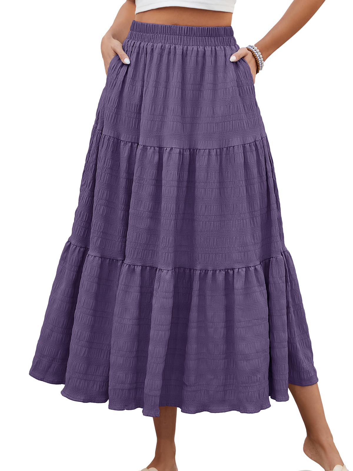 HUSKARY Women's Summer Casual Elegant Smock Layered Tiered Maxi Skirt High Waisted A Line Flowy Long Skirts with Pockets