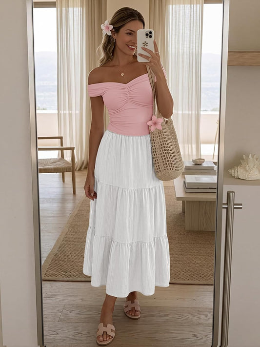 Women's Flowy A-Line Maxi Skirts 2026 Summer Elastic High Waist Tiered Textured Beach Vacation Long Skirt