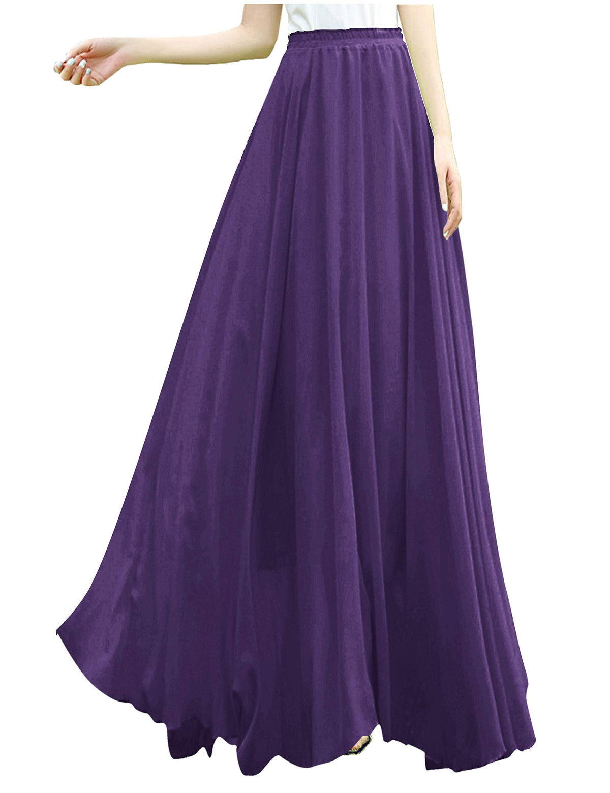 v28 Women Full/Ankle Length Elastic Pleated Retro Maxi Chiffon Long Skirt
