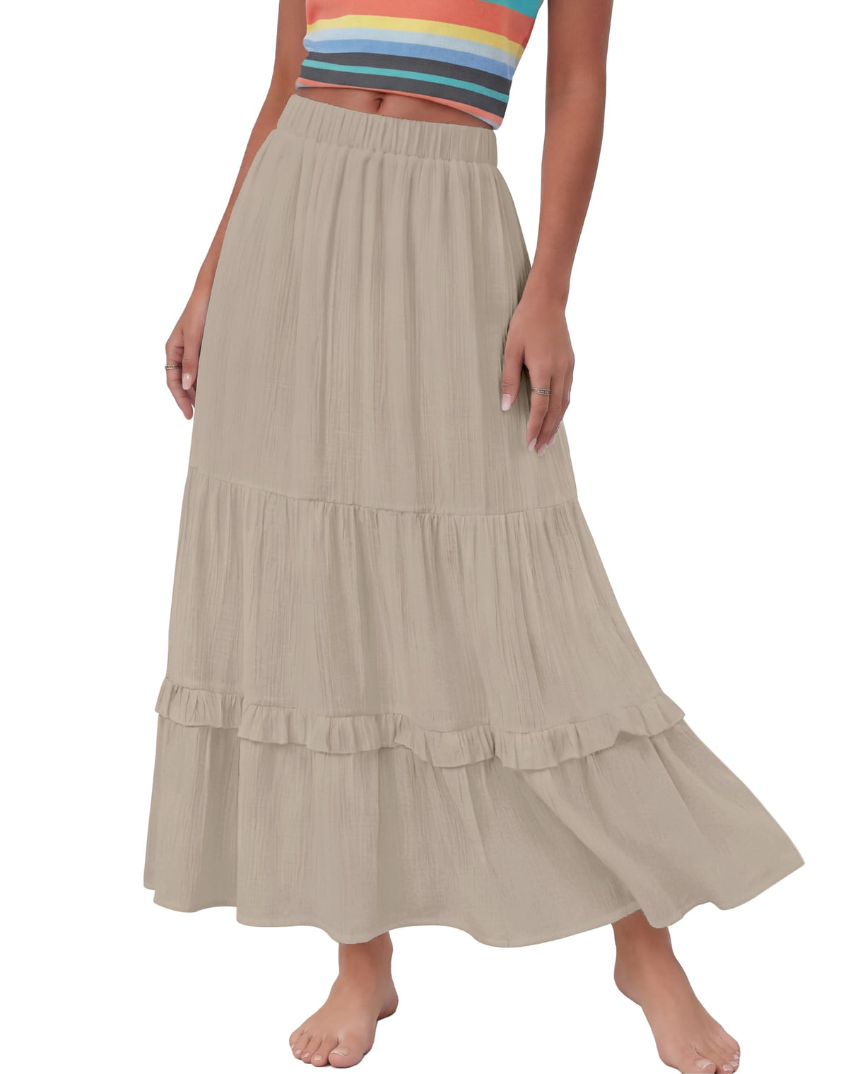 Annebouti 2026 Spring Summer Elastic Waisted Ruffle Long Skirt Flowy Tiered A-Line Maxi Skirts for Women