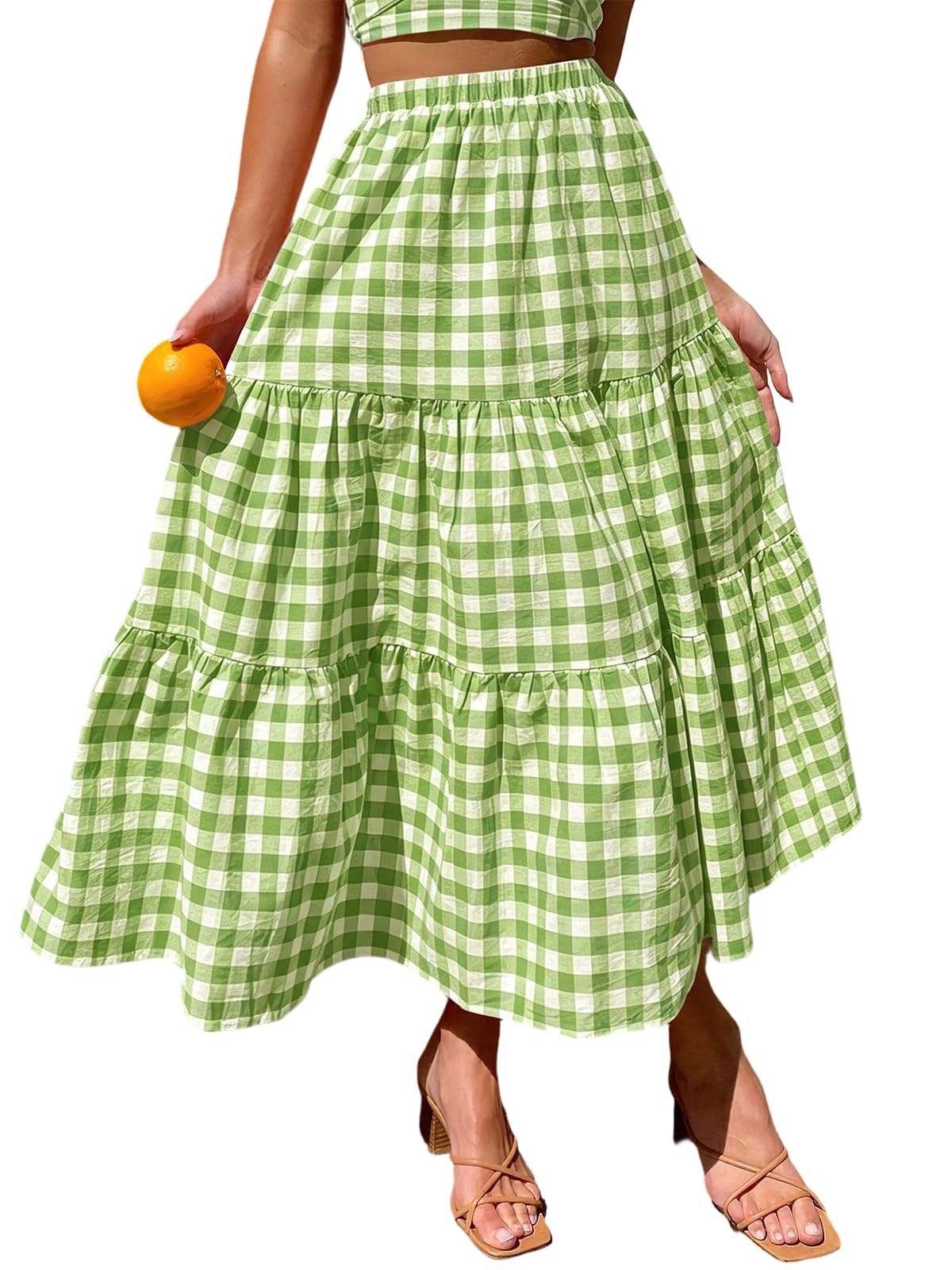 ebossy Women's Candy Color Slim Fit Elastic High Waist Plaid Gingham Tiered Flowy Boho Maxi Skirts with Pockets