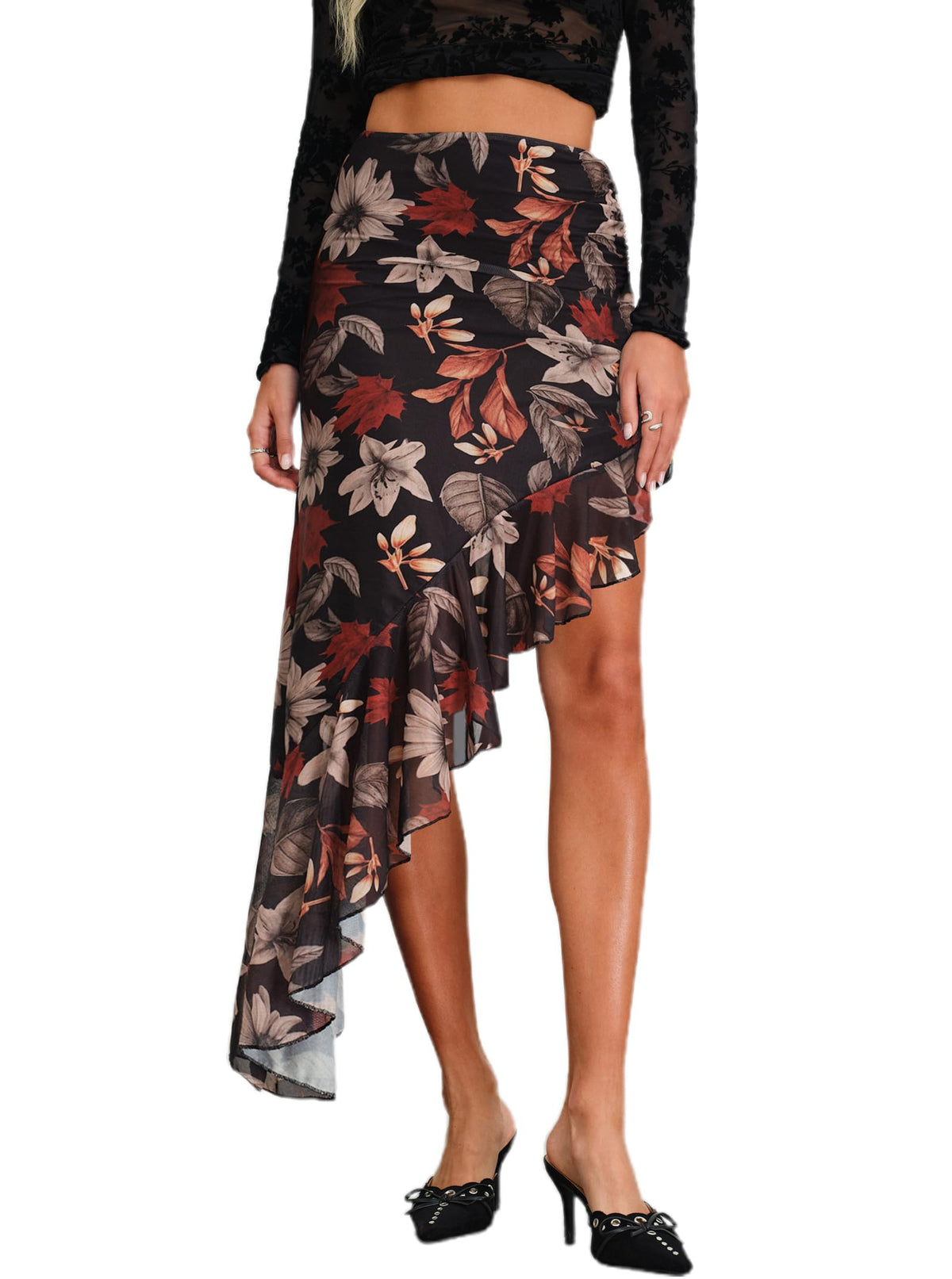 Women's High Waisted Asymmetrical Ruched Mesh Flowy Ruffle Trim Midi Long Skirt