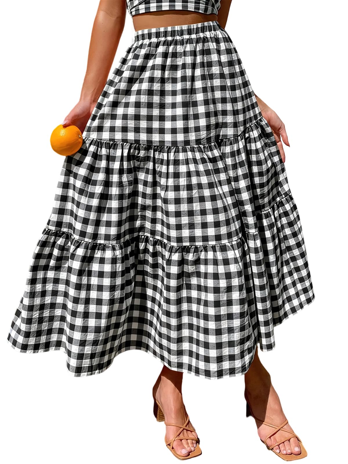ebossy Women's Candy Color Slim Fit Elastic High Waist Plaid Gingham Tiered Flowy Boho Maxi Skirts with Pockets