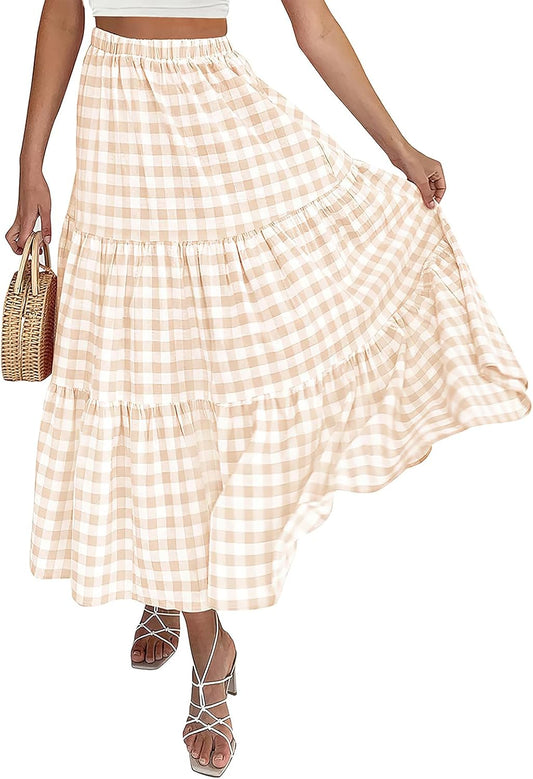 ebossy Women's Candy Color Slim Fit Elastic High Waist Plaid Gingham Tiered Flowy Boho Maxi Skirts with Pockets