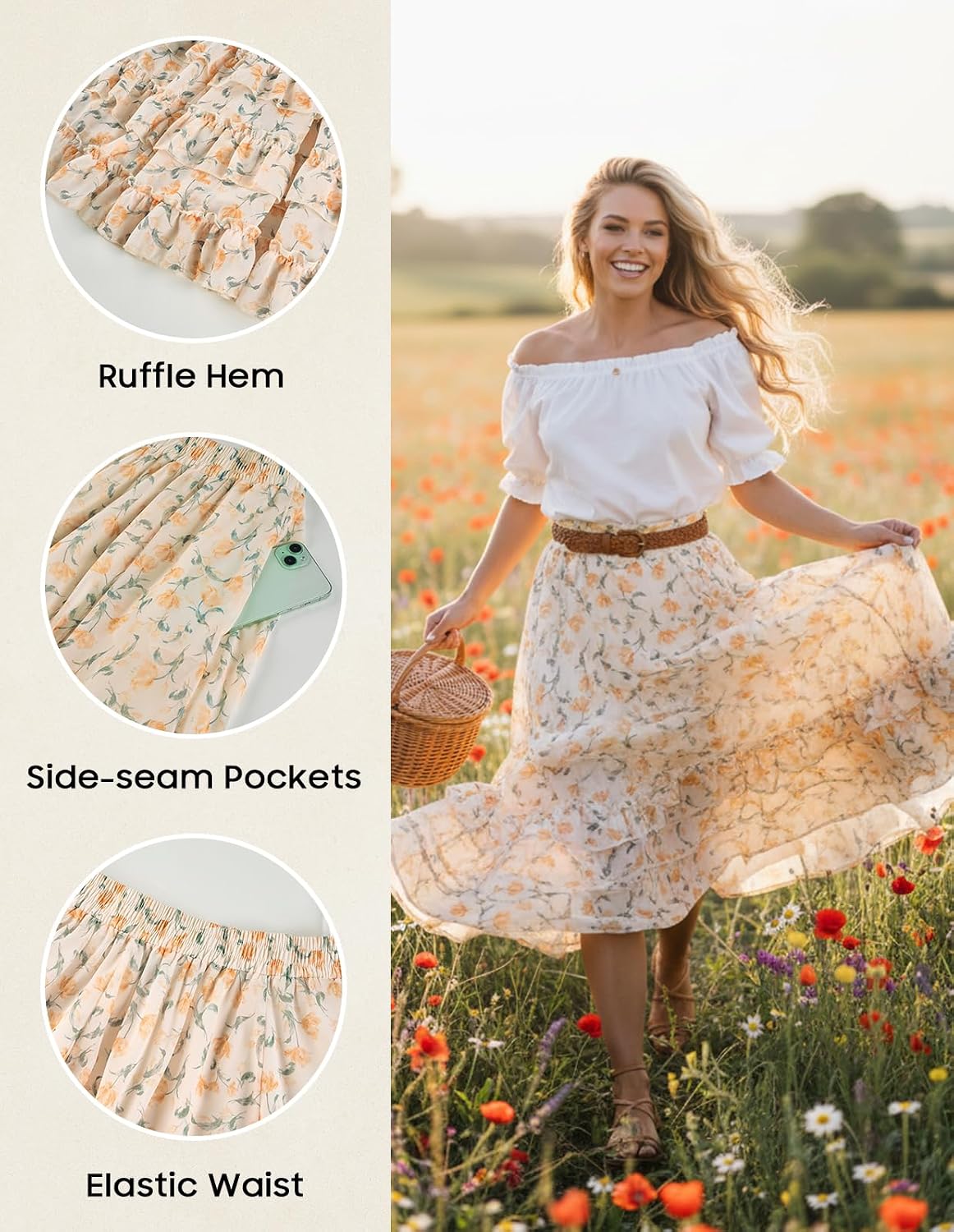Scarlet Darkness Maxi Skirts for Women Floral Chiffon Ruffle Long Skirt