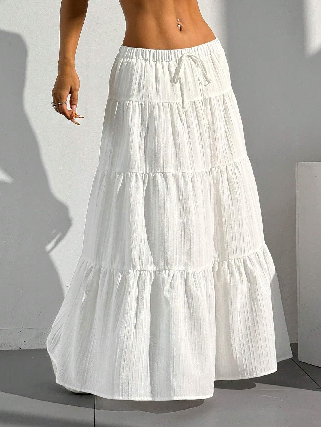 Maxi Skirt for Women Long Boho Flowy Ruffle Elastic High Waist