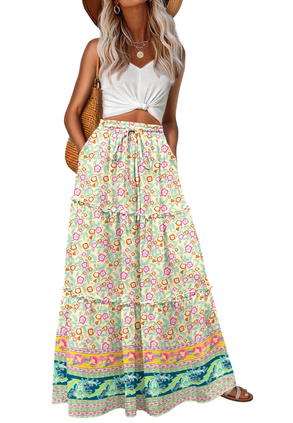 Lepunuo Womens Casual Boho High Waisted Flowy Maxi Skirts Tiered Floral Long Skirts with Pockets for Summer Beach Vacation