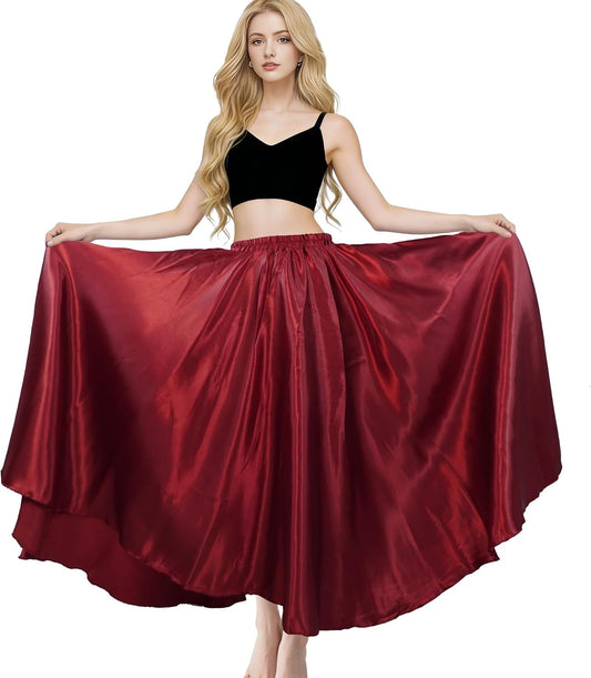 MUNAFIE Women's Maxi Satin Skirt, Long Flowy Belly Dance Skirt for Praise Dance, Fairy Costume, Elastic Waist