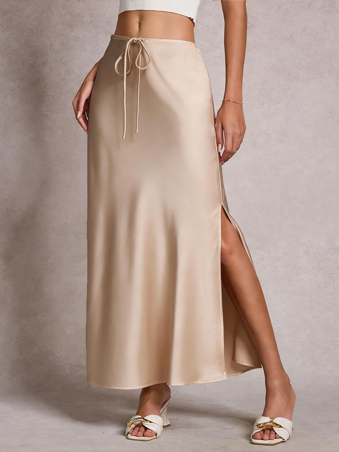 Women's Satin Silk Maxi Skirts Slit Drawstring Flared Casual A-Line Long Skirt for Women Ankle-Length Skirt