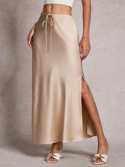 Women's Satin Silk Maxi Skirts Slit Drawstring Flared Casual A-Line Long Skirt for Women Ankle-Length Skirt