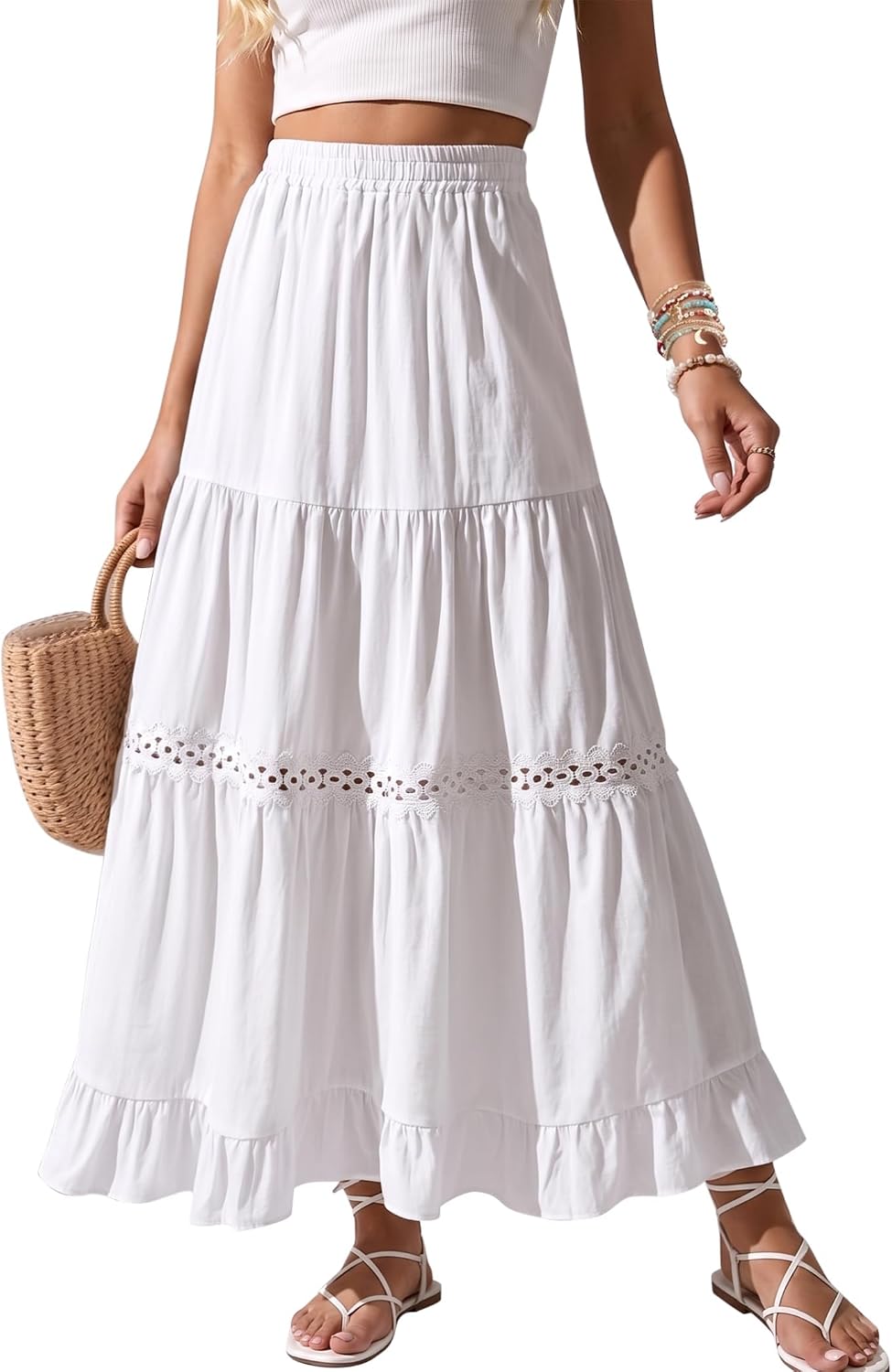 Womens Long Maxi Cotton Summer Boho Tiered A Line Skirts
