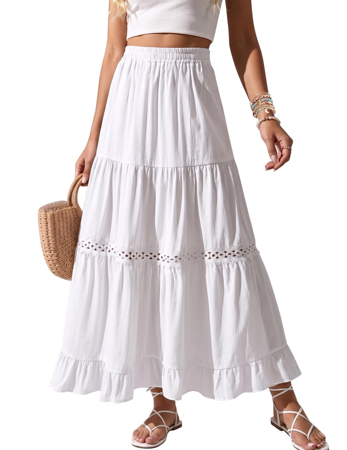 Womens Long Maxi Cotton Summer Boho Tiered A Line Skirts