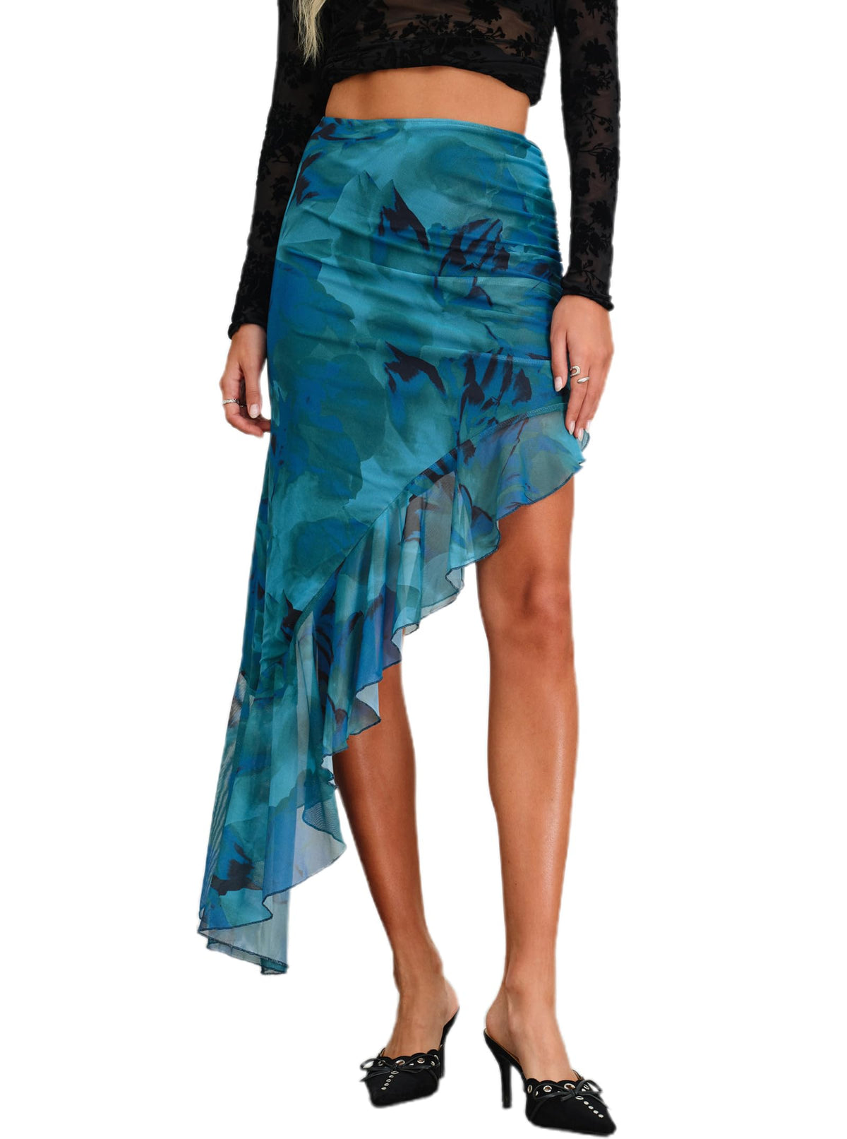 Women's High Waisted Asymmetrical Ruched Mesh Flowy Ruffle Trim Midi Long Skirt