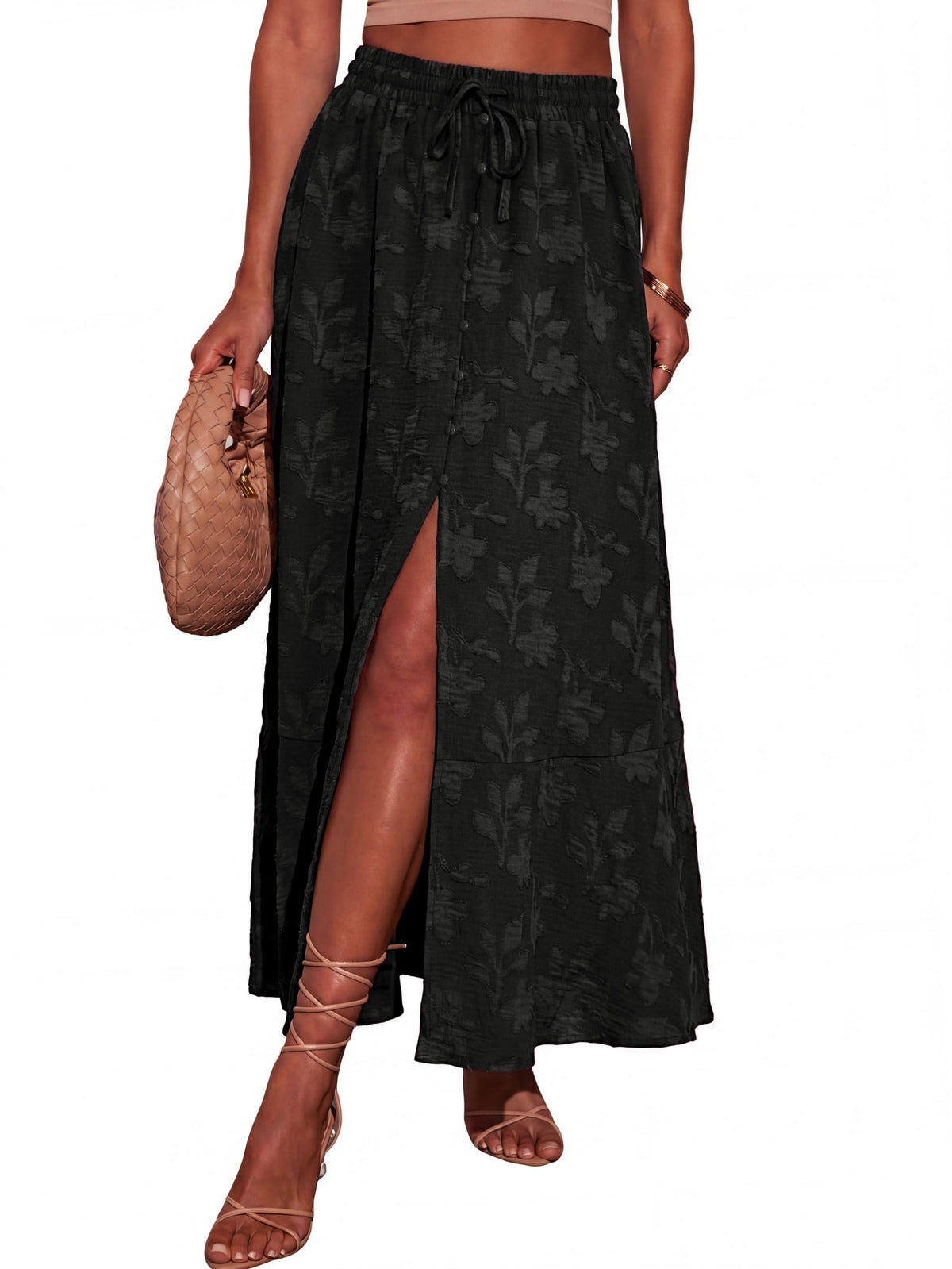 Simplee Women Summer Boho Maxi Skirts Floral High Waisted Slit Front Flowy Beach Long Skirt with Pockets
