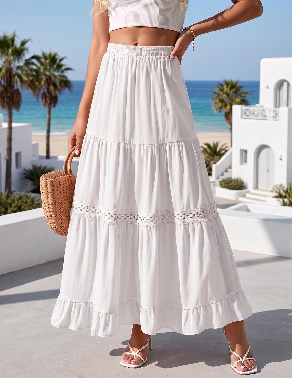 Womens Long Maxi Cotton Summer Boho Tiered A Line Skirts