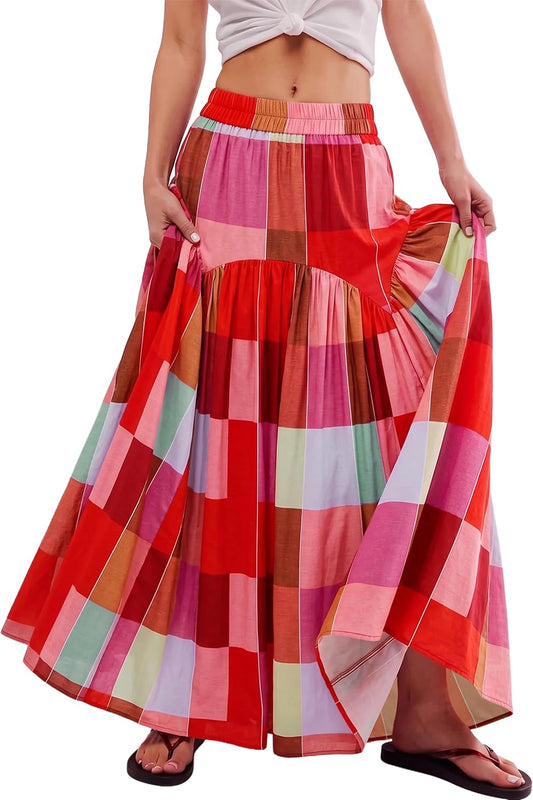 TinyCribz Women's Boho Ruched Plaid High Waist Floor Length Maxi Skirt