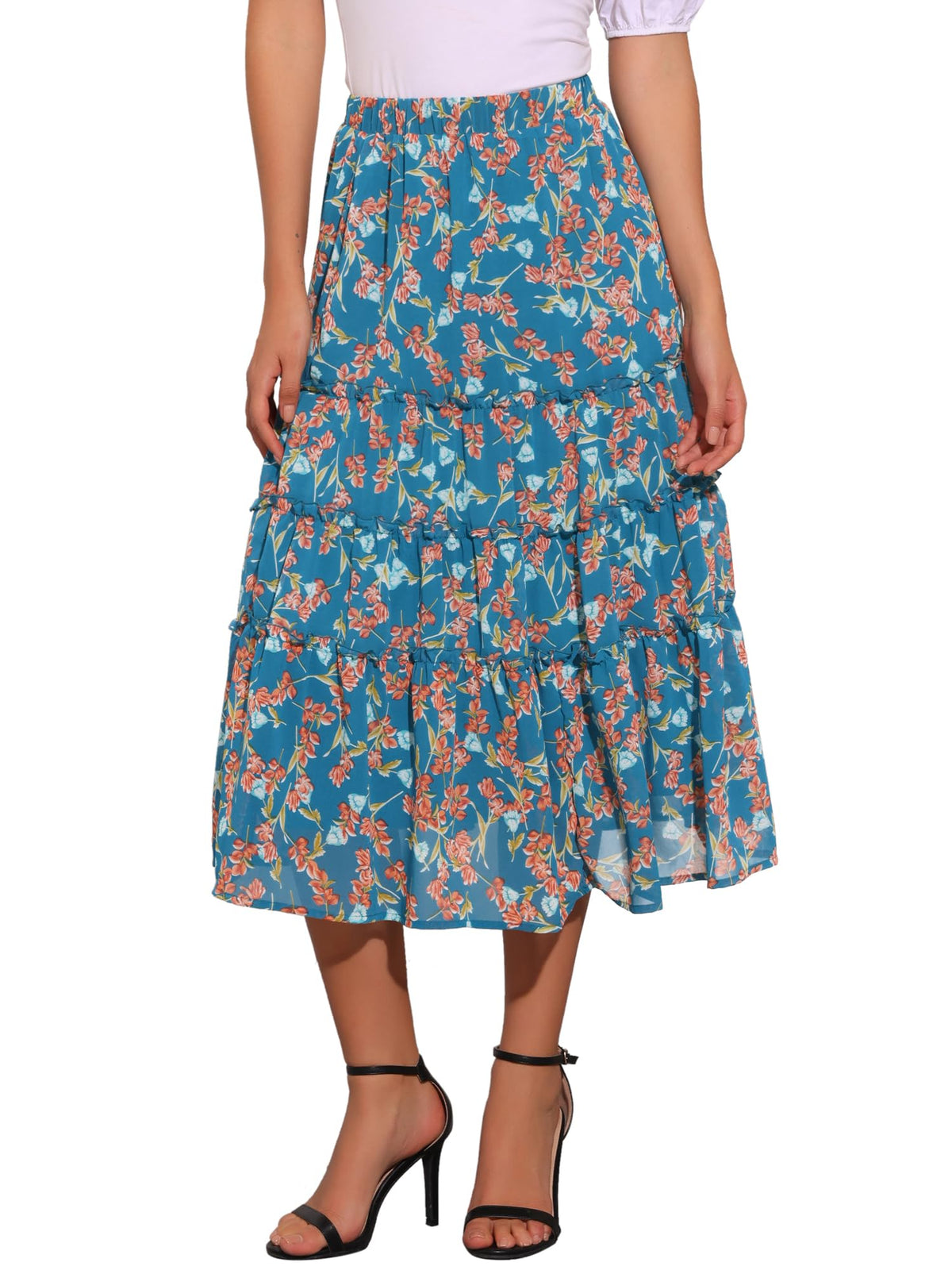 Allegra K Women's Floral Skirt Chiffon A-line Long Tiered Ruffle Maxi Skirt