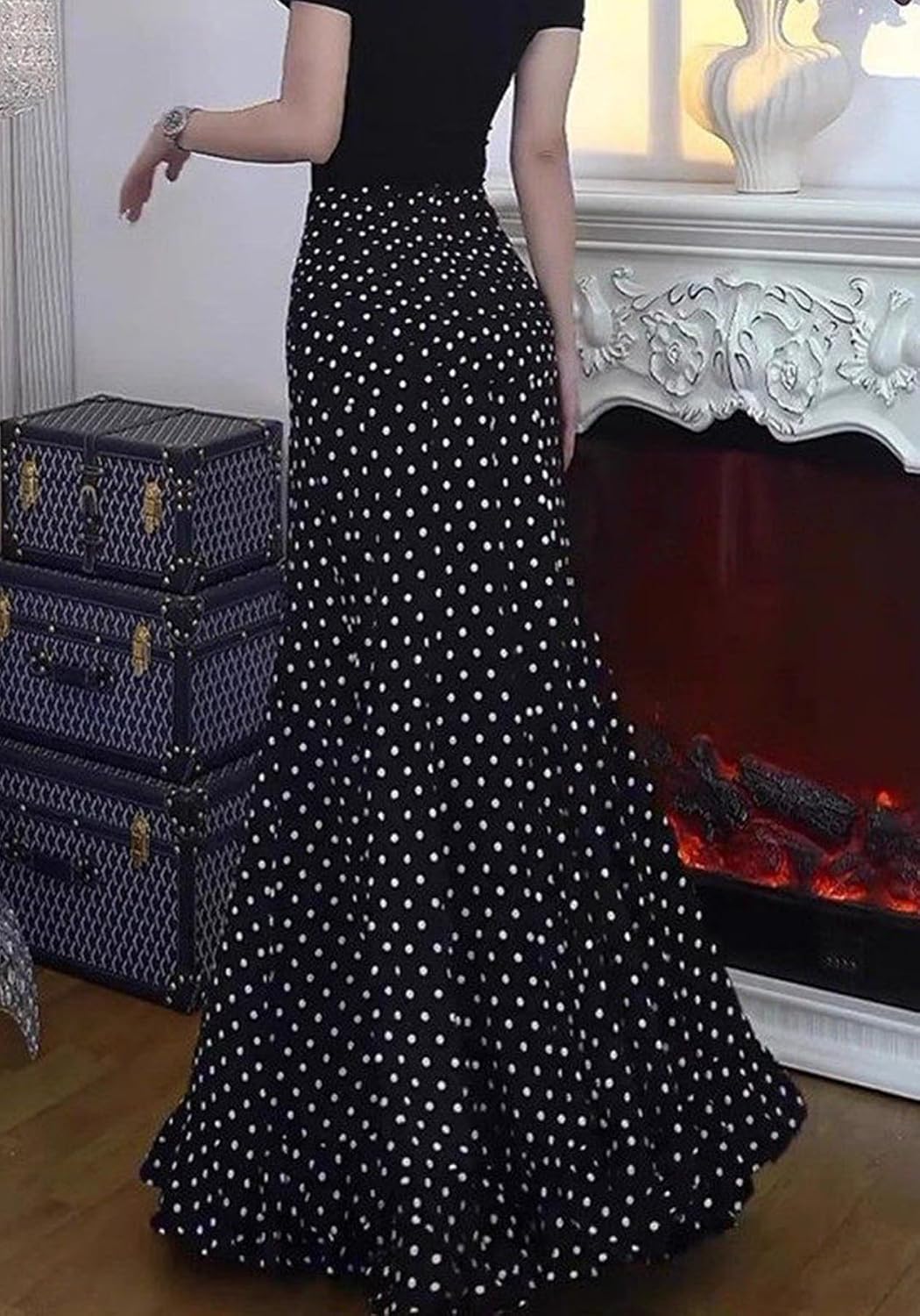 Women's Chiffon Polka Dot Maxi Skirt Ruched Mermaid Ruffle Skirts