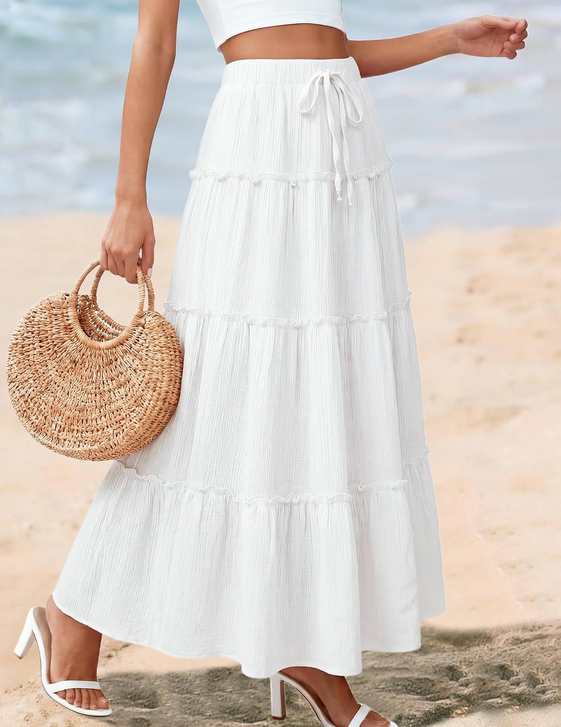 DERAX Womens Boho Maxi Skirt Flowy Ruffle Tiered High Waisted Long Skirts