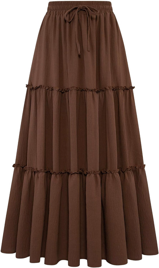 Arolina Women's Summer Maxi Skirt Trendy High Waist Pleated Ruffle Long Skirts Flowy Beach Boho Skirt Dress with Pockets