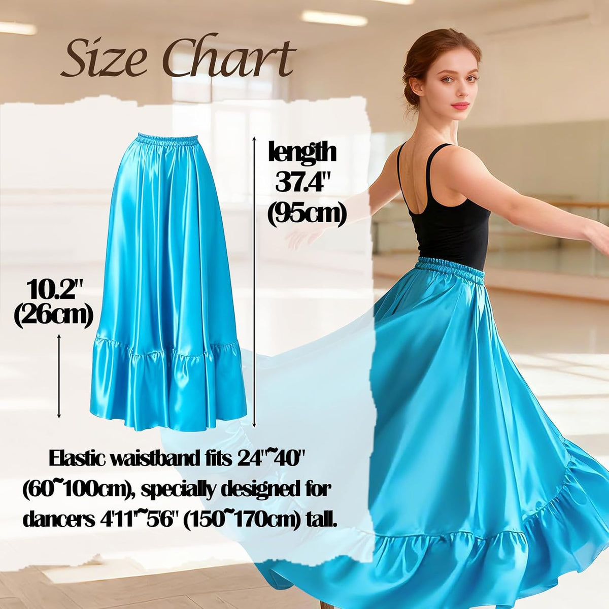 2PC Satin Ruffle Ankle Long Skirt for Women Full Circle Belly Dance Skirt Women Maxi Skirt for Praise and Folklorico Dance