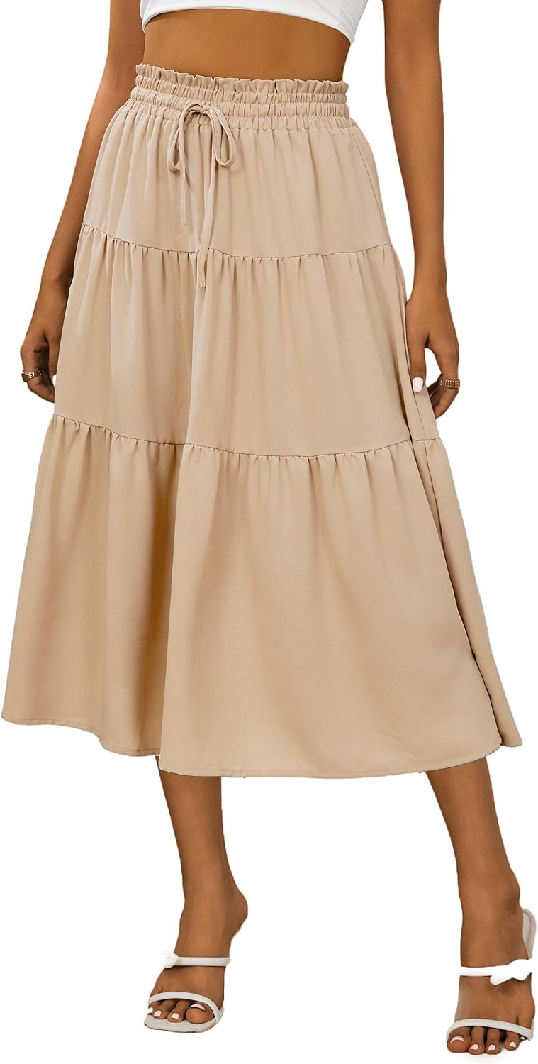 Anbech Womens Boho Midi Skirts A-Line Casual Flowy Elastic High Waist