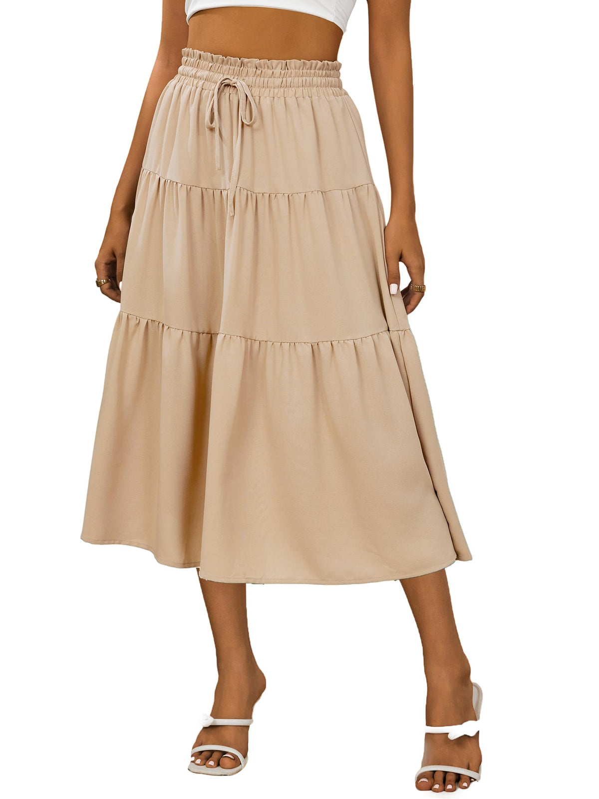 Anbech Womens Boho Midi Skirts A-Line Casual Flowy Elastic High Waist