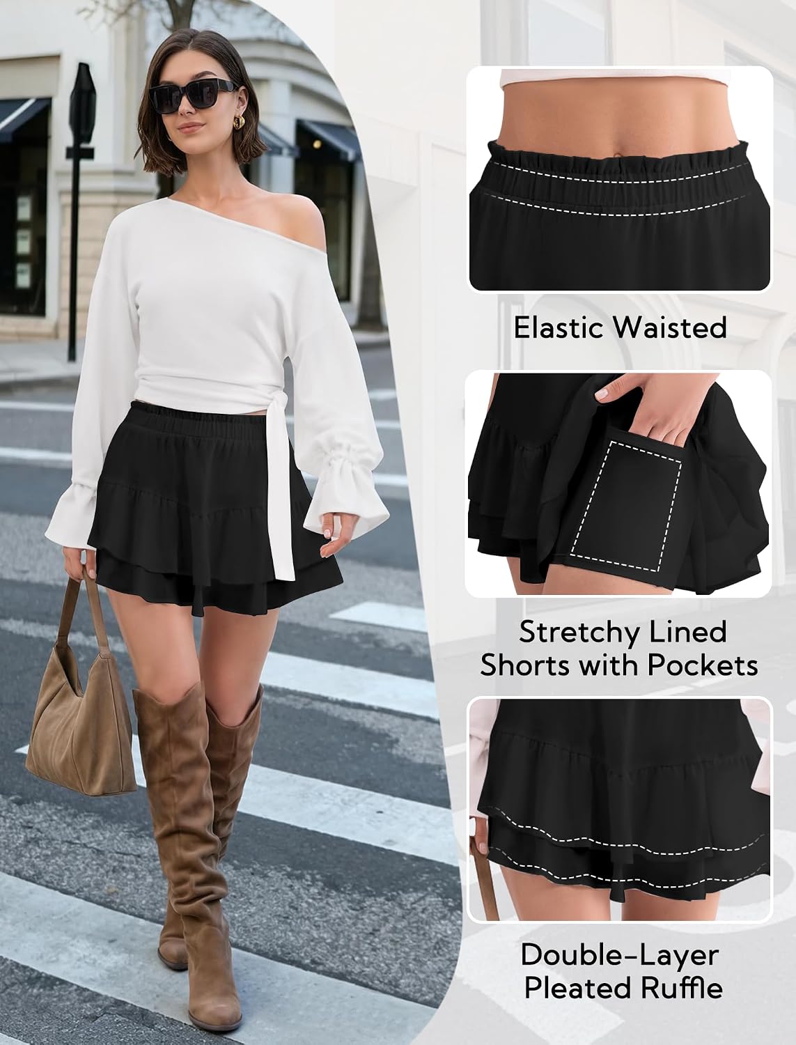 DLOODA Womens Flowy Ruffle Skort High Waisted Skirt Shorts with Pockets