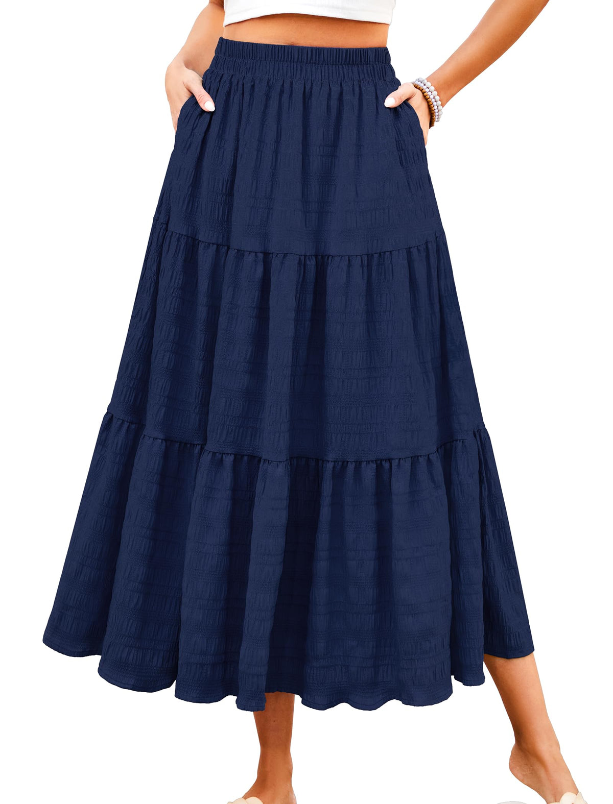 HUSKARY Women's Summer Casual Elegant Smock Layered Tiered Maxi Skirt High Waisted A Line Flowy Long Skirts with Pockets