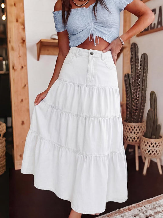 Womens Long Denim Skirt Tiered High Elastic Waist Jean Maxi Skirts