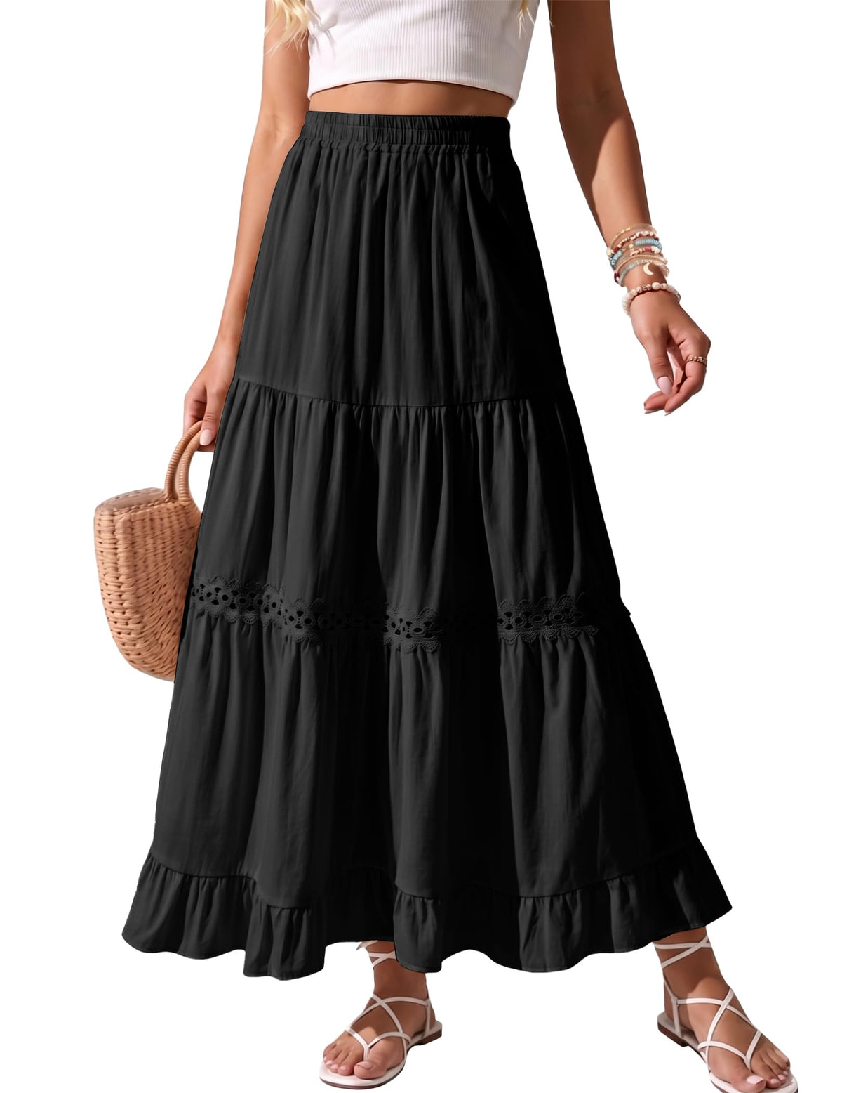 Womens Long Maxi Cotton Summer Boho Tiered A Line Skirts