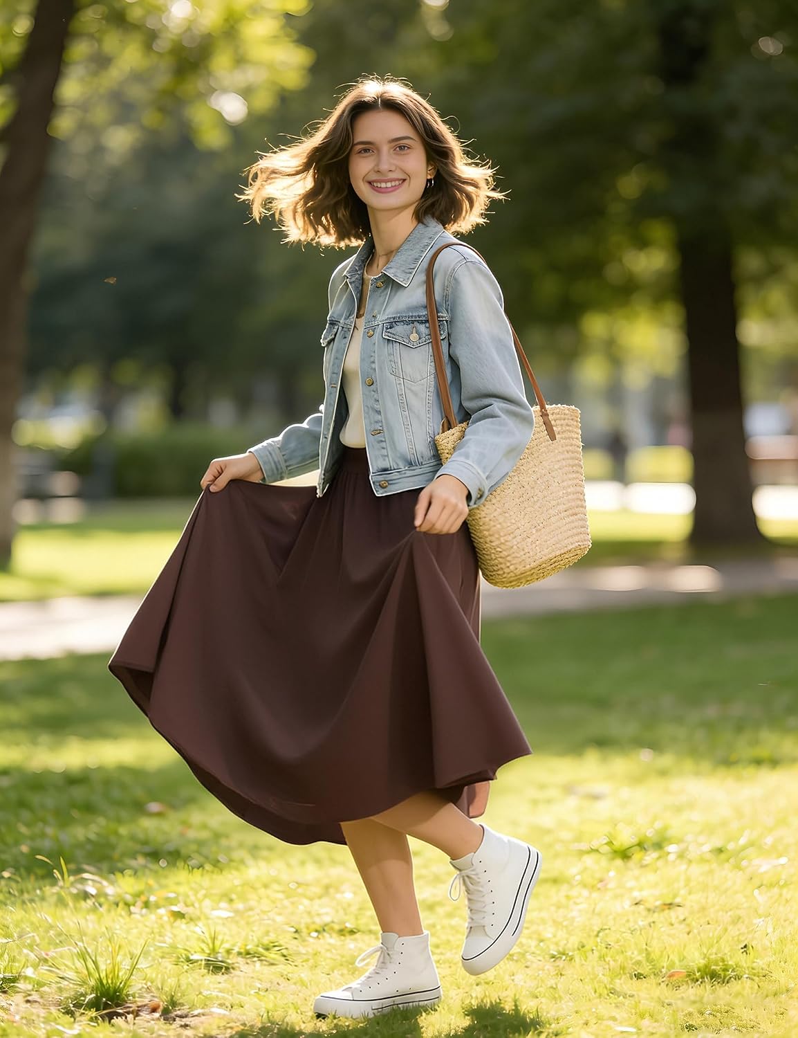 Soojun Women's Solid Cotton Linen Retro Vintage A-line Long Flowy Skirts