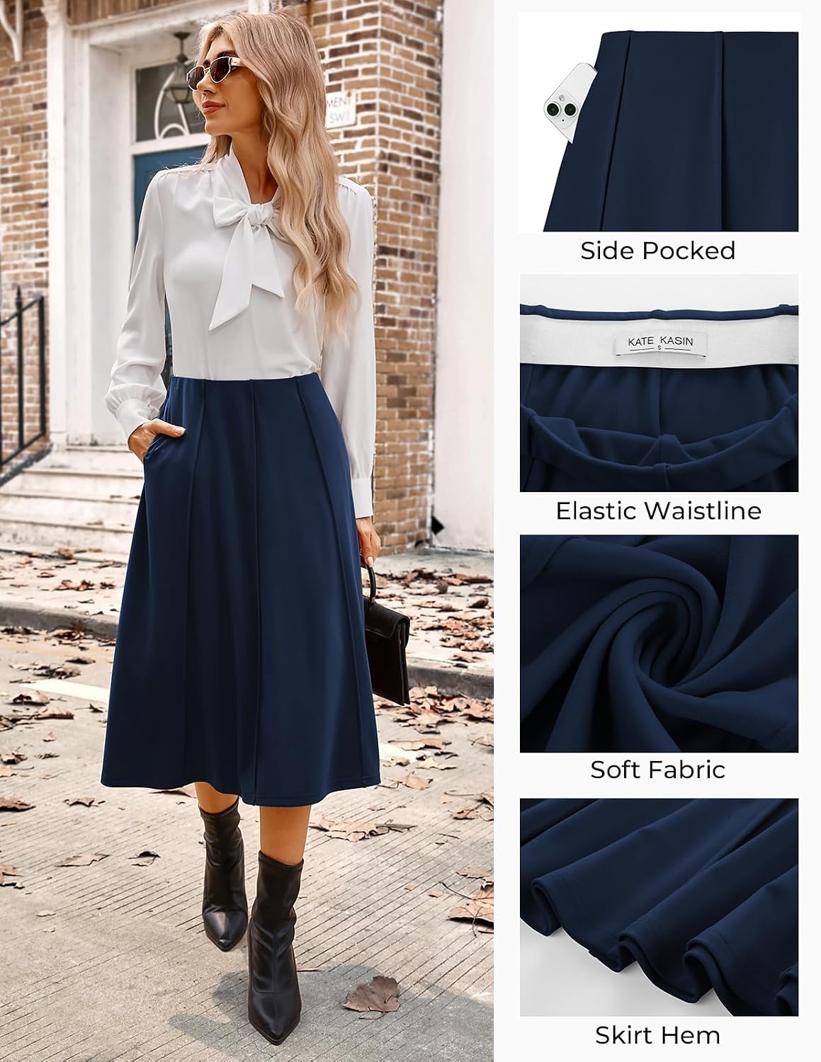 Kate Kasin Women's Midi A Line High Waisted Flowy Skirts with Pockets