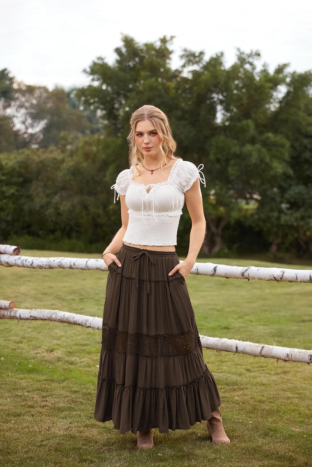Scarlet Darkness Women's Boho Maxi Skirts Flowy Lace Long Renaissance Skirt