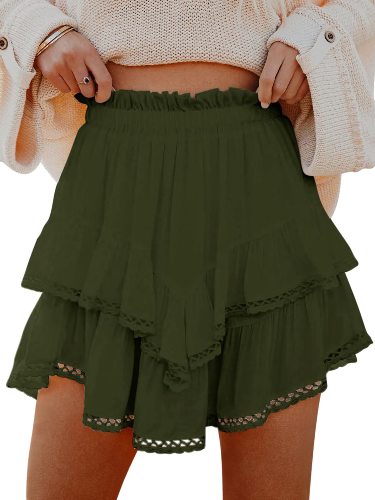 Aoudery Flowy Shorts for Women Casual Boho Ruffle Tiered Skorts High Waist Mini Skirts Golf Tennis Crochet Shorts