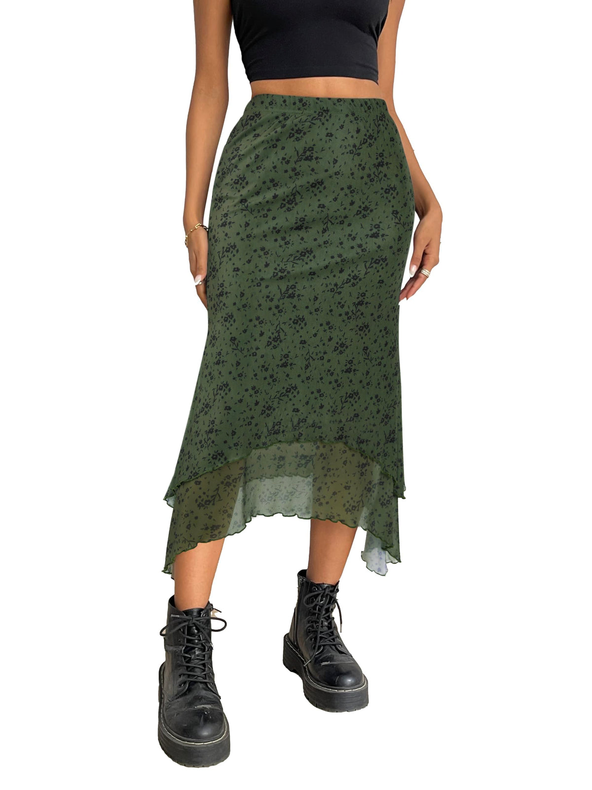 Avanova Women Mesh Asymmetrical Mermaid Midi Skirt High Waist Fishtail Long Skirt