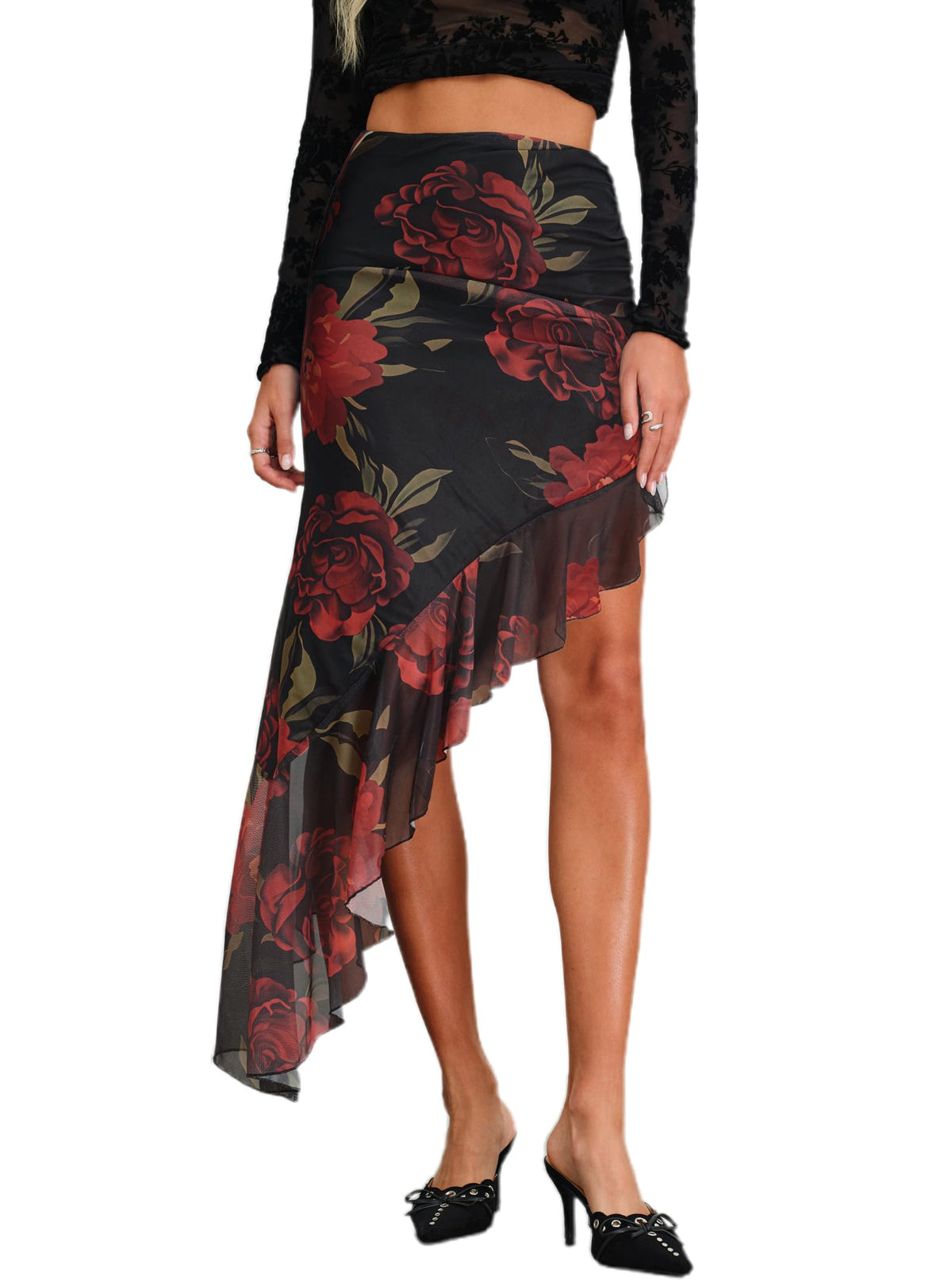 Women's High Waisted Asymmetrical Ruched Mesh Flowy Ruffle Trim Midi Long Skirt