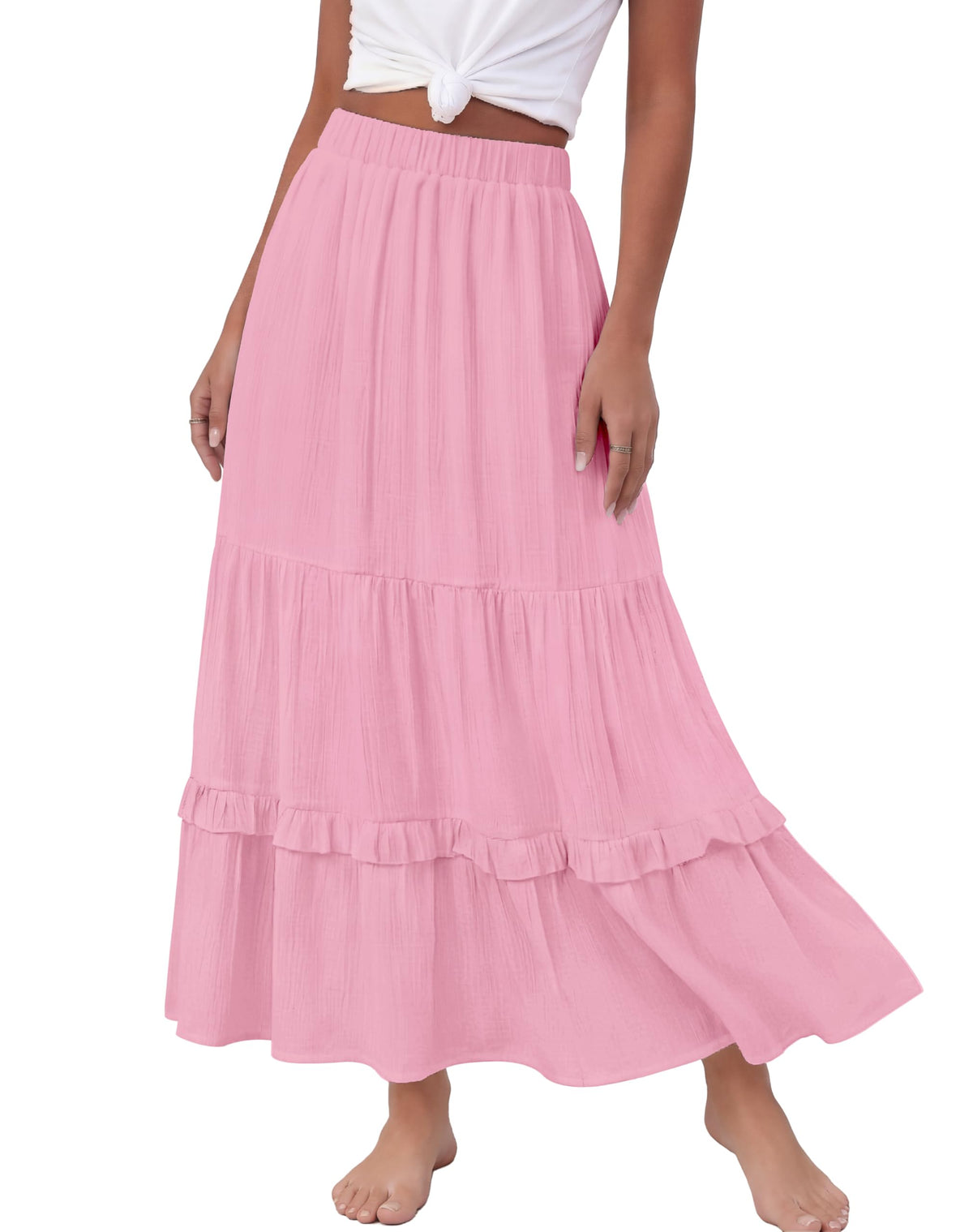 Annebouti 2026 Spring Summer Elastic Waisted Ruffle Long Skirt Flowy Tiered A-Line Maxi Skirts for Women