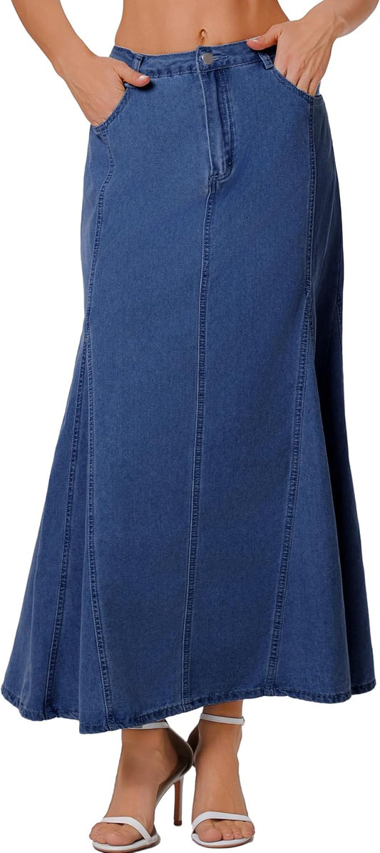 Ladyful Women's Long Denim Skirt Vintage Fishtail Maxi Jean Skirts