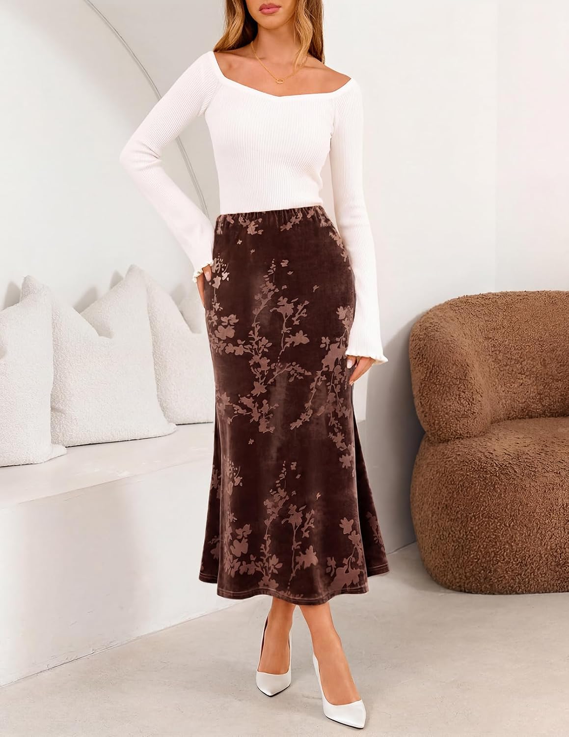 MEROKEETY Women's Fall Floral Velvet Maxi Skirt